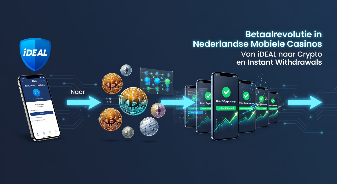 Smartphone met mobiel casino app en betaalopties zoals iDEAL en crypto wallets zichtbaar op scherm