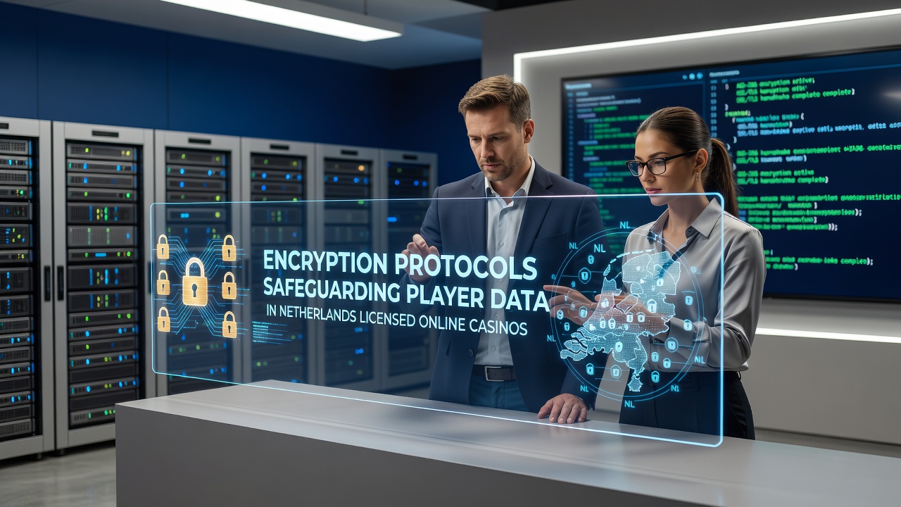 Illustratie van encryptieprotocollen en data beveiliging in Nederlandse online casino's met digitale sloten en netwerken