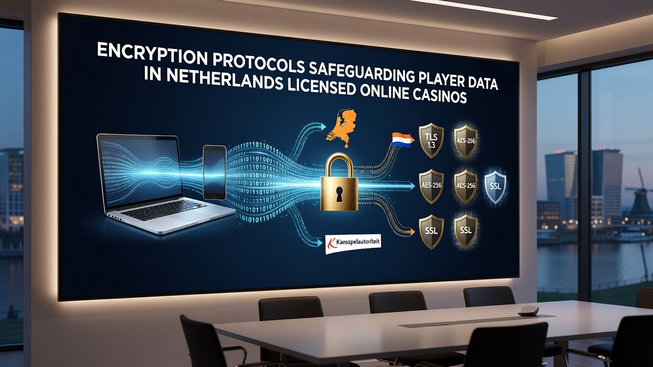 Diagram van beveiligde datastromen tussen spelers en Nederlandse casino servers met encryptie lagen