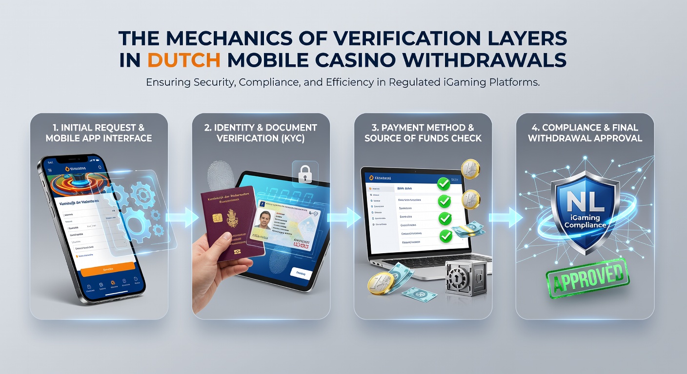 Diagram van mobiele verificatielagen inclusief biometrie en bankcontroles in Nederlandse casino context